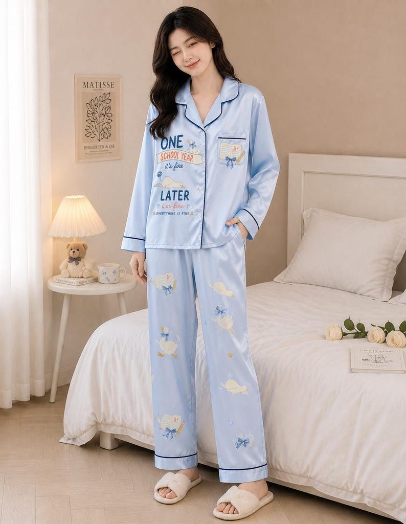 Blue Satin Pajama Set Women, Cute Duck Sleepwear, Funny Pajamas, Long ...