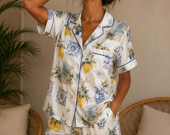 Lemon Coastal Pajama Set, Blue Tile Satin PJs, Italian Summer Sleepwear, Cute Button Up Loungewear Gift for Women
