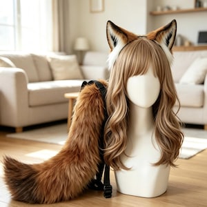 Accessori per costume cosplay di Halloween, orecchie da volpe in pelliccia sintetica e coda lunga e folta, perfetti per giochi di ruolo, feste in maschera ed eventi a tema animali domestici.