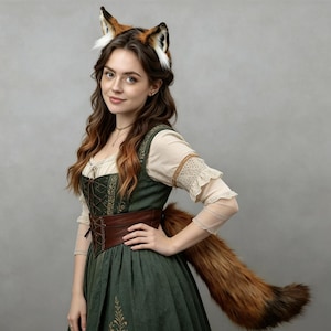 May include: A set of faux fur fox ears on a headband and a matching long, bushy fox tail. The ears feature brown, black, and white fur. The tail is primarily brown with darker tips. These accessories are designed to be worn as part of a costume.