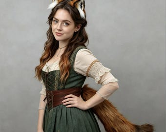 Realistic faux fur brown fox ear and tail set ,Gift For Cosplayer ,Plush Furry fox Ears Tail Kit , Halloween Party Furry Prop animal cosplay