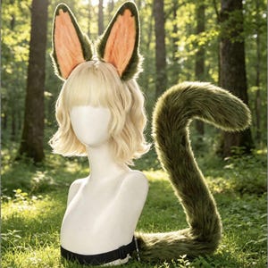 Handmade dark Green Pottery Cat Ears and Tail Set , Realistic Furry kitty Ear Headband with Long Fluffy Tail , pet animal Cosplay Accessory