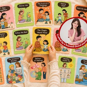 May include: A collection of colorful cards with illustrations of parents and children. Each card features a different activity or emotion, such as "I Spy Together" and "The Magic Hand Trace." The cards are designed for educational and therapeutic purposes.