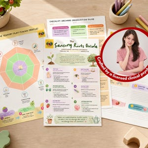 Könnte beinhalten: Auf einer Holzoberfläche befinden sich pädagogische Leitfäden und Profile. Die Leitfäden enthalten farbenfrohe Diagramme und Texte, darunter "The Sensory Play-tuning Profile" und "The Sensory Roots Guide". Ein Foto einer Frau befindet sich in einem roten Kreis mit dem Text "Crafted by a licensed clinical psychologist."