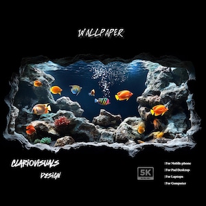 May include: A digital wallpaper design featuring an underwater scene with colorful fish swimming among rocks and coral. The image includes the text "WALLPAPER", "CLARIOVISUALS DESIGN", and details about the 5K Ultra HD resolution.