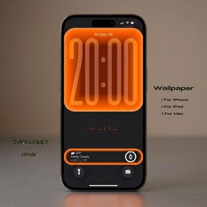 May include: A smartphone displaying a digital wallpaper with a black background and a large, glowing orange rectangular clock widget showing 20:00 and Fri Sep 19. Below, a weather widget displays 83 degrees and partly cloudy conditions.