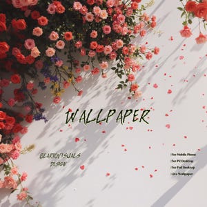 Puede incluir: Un diseño de papel pintado floral con rosas rojas y rosas sobre un fondo blanco. La palabra "WALLPAPER" está escrita en verde, con "CLARIOVISUALS DESIGN" debajo. Confeti rojo en forma de corazón esparcido.