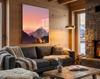 Plexiglass print of Mont Blanc at pink twilight, wall art of the Alps mountain landscape, chalet living room decoration, mountain gift, France