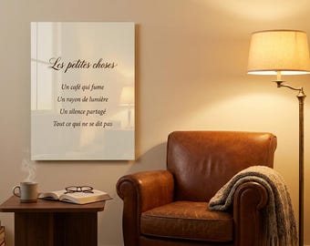 Lámina de plexiglás con el poema "Pequeñas cosas", arte mural con tipografía marrón, decoración acogedora para salón/dormitorio, regalo de nacimiento/boda, Francia