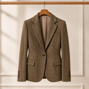 Può includere: Un blazer marrone con un classico motivo a spina di pesce, chiusura frontale a un bottone, revers classici, due tasche con patta in vita, una tasca sul petto e quattro piccoli bottoni su ogni polsino, foderato con tessuto beige.