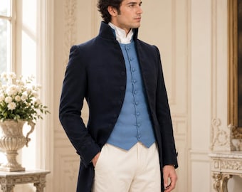 Regency Navy Tailcoat – Elegant Historical Men’s Coat | Bridgerton Inspired Formal Wear