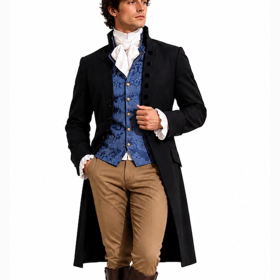 Men's Regency Frock Coat Set | Black Tailcoat, Blue Brocade