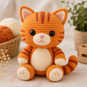 May include: A handmade orange and cream crochet cat with dark brown stripes. The cat has large black eyes, a pink nose, and a cream-colored belly and paws. The ears have pink inner details. The cat is sitting upright, with its tail curled.