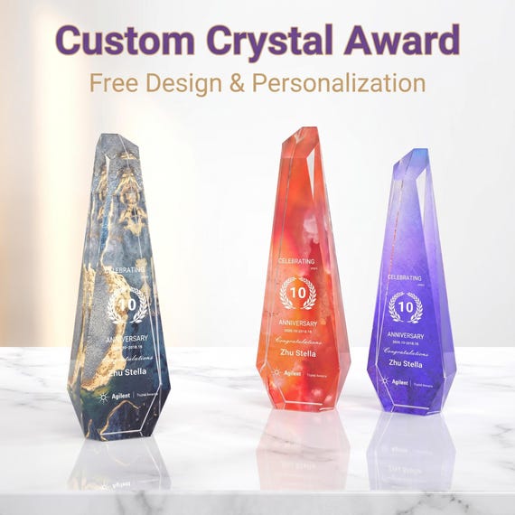 Custom K9 Crystal Geometric Trophy Faceted Prism Shape - Sandblast Color Print 3 Sizes Award
