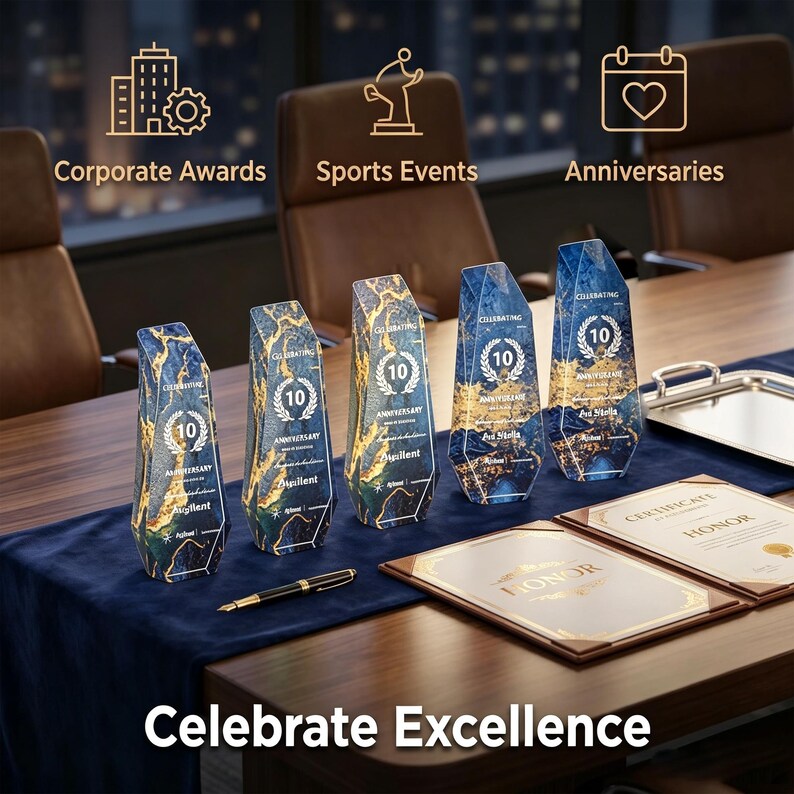 May include: Five blue and gold awards with the text "10 Anniversary" and "Celebrate Excellence". The awards are on a dark blue runner on a wooden table. The image also includes certificates and a pen.