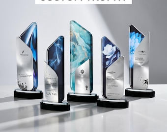 Custom Crystal Aluminum Trophy Iridescent - 5 Styles Engraved Color Print Text Background 25x11.5x5cm