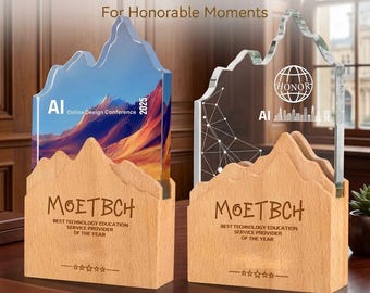 Custom Mountain Crystal Award – Wood Base, Color Print, Engraving (2 Sizes)