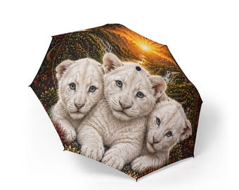 Paraguas con cachorros de león blanco | Paraguas plegable para la lluvia, estampado de cachorros de animal