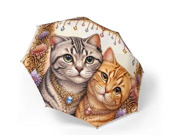 Paraplu met illustratie van twee katten | Opvouwbare regenparaplu met kattenportretten en bloemenaccenten