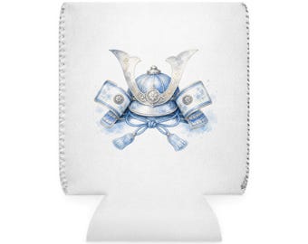 Blue Japanese Kabuto Helmet Can Cooler Sleeve | Samurai Armor Illustration