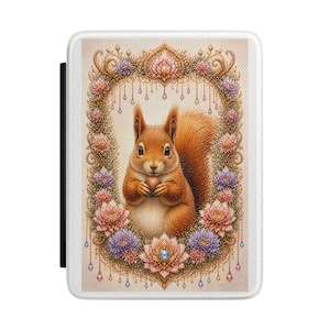May include: A rectangular white case featuring a detailed illustration of a squirrel holding a nut, surrounded by a floral wreath. The squirrel has reddish-brown fur and is centered within an ornate, jewel-toned frame.
