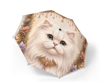 White Persian Cat Portrait Umbrella | Floral Lace Rain Accessory
