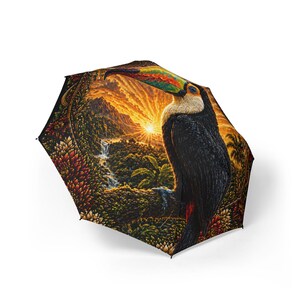 Toucan Sunset Umbrella | Foldable Semi-Automatic Rain Umbrella, Tropical Bird Design