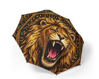 Parasol z mandalą ryczącego lwa | Składany parasol przeciwdeszczowy, wyrazisty wzór zwierzęcy
