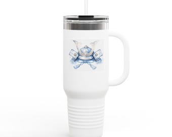 Taza de viaje de 1,2 litros con ilustración de tetera azul vintage | Diseño floral para el té