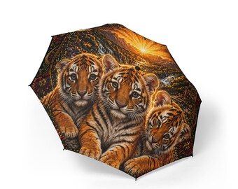 Paraguas plegable con diseño de cachorros de tigre al atardecer | Sombrilla de lluvia plegable