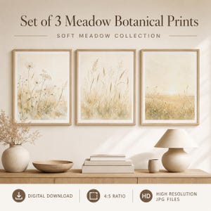 Set of 3 Meadow Botanical Prints, Soft Meadow Printable Wall Art, Neutral Japandi Wildflower Decor, Digital Download