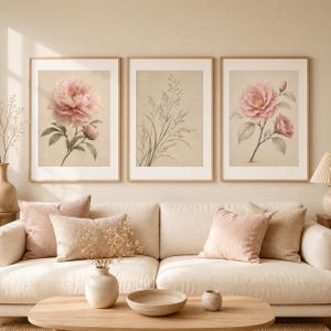 Set of 3 Botanical Wall Art Prints, Japandi Printable Art, Peony Seed Grass Camellia, Neutral Beige Floral Decor, Digital Download