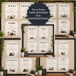 Op de afbeelding: Een verzameling educatieve posters met literaire termen zoals Zelfstandige naamwoorden, Werkwoorden, Metafoor en Conflict. Elke poster heeft een vintage perkamentachtergrond, zwarte tekst en illustraties van boeken, globes en inktpotten. De centrale tekst luidt: The 135 Poster Dark Acedemia ELA Poster Bundle!
