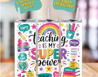 Lehre ist meine Superkraft Bright & Bold 20 Unzen Tumbler Wrap | PNG Sublimationsdesign | PLUS 12 Bonus Lehrer Designs | Sofort Download