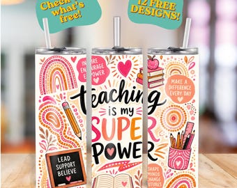 Lehre ist meine Superkraft Dotty Boho Tumbler Wrap | PNG Sublimationsdesign | PLUS 12 Bonus Lehrer Designs | Sofort Download