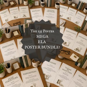 Pode incluir: Uma coleção de cartazes educativos intitulada The 135 Poster Mega ELA Poster Bundle, apresentando termos literários como Dialogue, Exposition e Theme. Os papéis cor de creme incluem texto preto, desenhos de linha e estão dispostos sobre uma superfície de madeira.