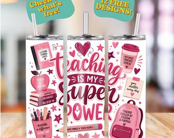 Lehre ist meine Superpower Pink 20 Unzen Tumbler Wrap | PNG Sublimationsdesign | PLUS 12 Bonus Lehrer Designs | Sofort Download
