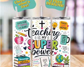Lehre ist meine Superkraft Christian 20 Unzen Tumbler Wrap | PNG Sublimationsdesign | PLUS 12 Bonus Lehrer Designs | Sofort Download
