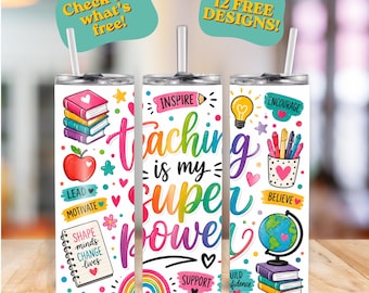 Lehre ist meine Superkraft Regenbogen 20 Unzen Tumbler Wrap | PNG Sublimationsdesign | PLUS 12 Bonus Lehrer Designs | Sofort Download