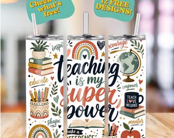 Lehre ist meine Superkraft Rustikale Boho Tumbler Wrap | PNG Sublimationsdesign | PLUS 12 Bonus Lehrer Designs | Sofort Download