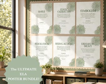 ELA Poster Serie Komplettes Bündel | Moderne Kaktus Klassenzimmer Dekor | Mittelschule Englisch | Pflanzenwandkunst | Noten 6 7 8 | Literarische Begriffe