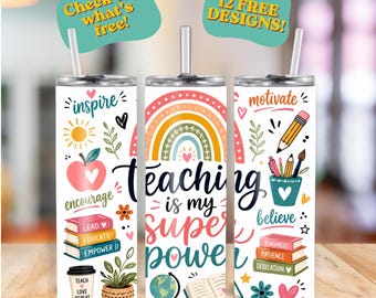Lehre ist meine Superkraft Pastell 20 Unzen Tumbler Wrap | PNG Sublimationsdesign | PLUS 12 Bonus Lehrer Designs | Sofort Download