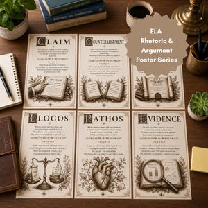 May include: A set of six educational posters titled ELA Rhetoric & Argument Poster Series, featuring vintage-style illustrations and text explaining concepts like Claim, Counterargument, Logos, Pathos, and Evidence with decorative borders.
