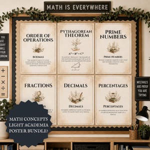 Puede incluir: Un conjunto de seis pósteres educativos con conceptos matemáticos como el orden de operaciones, el teorema de Pitágoras, números primos, fracciones, decimales y porcentajes sobre un fondo beige con texto en negro.