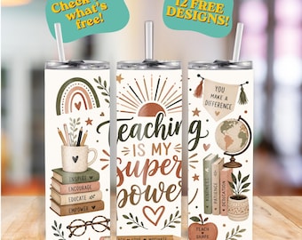 Lehre Boho 20 Unzen Tumbler Wrap | PNG Sublimationsdesign | PLUS 12 Bonus Lehrer Designs | Sofort Download
