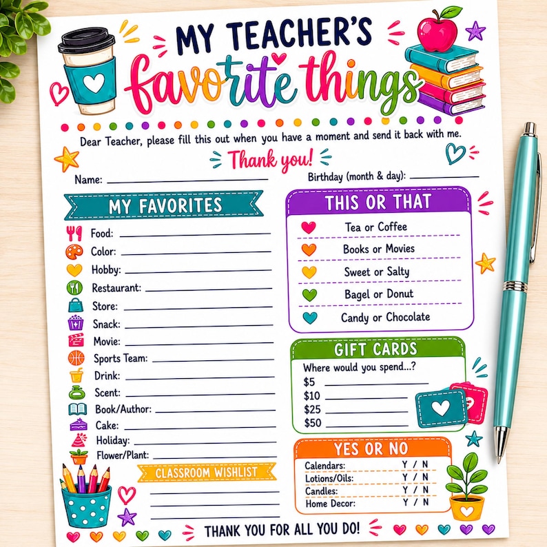 My Teacher's Favorite Things | Printable Teacher Survey | Teacher ...