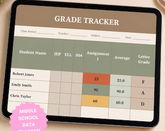 Schüler Daten Tracker für Mittelschullehrer | Notenbuch, fehlende Arbeit | Bearbeitbare Excel-Datei | Klasse 6-8 Organisation des Klassenzimmers