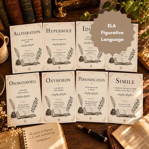 May include: A set of eight educational cards featuring definitions and examples of figurative language terms including Alliteration, Hyperbole, Idiom, Onomatopoeia, Oxymoron, Personification, and Simile, decorated with illustrations of a quill, inkwell, and open book.