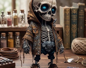 Figura de esqueleto steampunk, muñeca de arte gótico, objeto de colección de fantasía oscura, decoración macabra única, artesanía, estatua de esqueleto única en su tipo.
