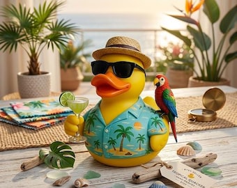 Handgeschilderde tropische rubberen eend kunst speelgoed - strandvakantie eendje met Hawaiiaans shirt, zonnebril papegaai - uniek zomercadeau en woondecoratie